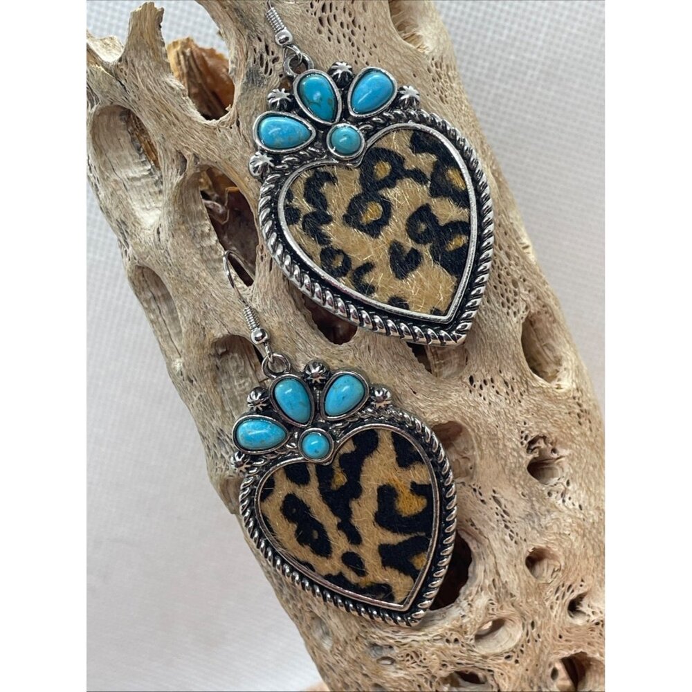 Heart Leopard Turquoise earrings Western Southwest New Spring Cowgirl Boho Large